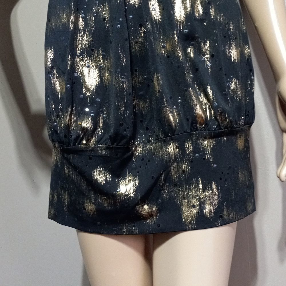 Vintage 80s Icon USA polyester spandex spaghetti strap black / gold dress, sz L - Picture 6 of 8